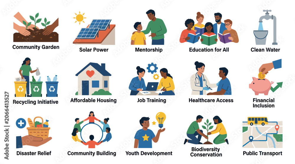 Fototapeta premium Flat Design Vector Icons Set of Social and Environmental Initiatives, Community Development Sustainability Concepts