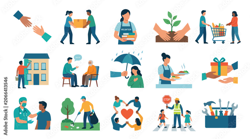 Fototapeta premium Volunteering and Community Service Flat Vector Illustrations. Social Responsibility, Charity Helping Hands Concepts