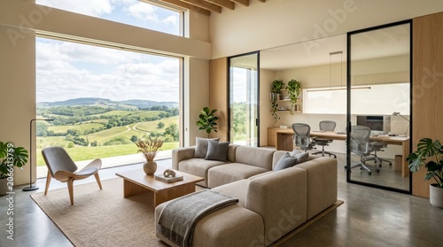 Modern living room with home office and scenic countryside view