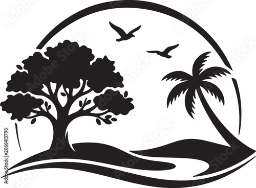 Silhouette landscape graphic with tree palm tree birds inside a semi-circle frame landscape silhouette illustration tropical