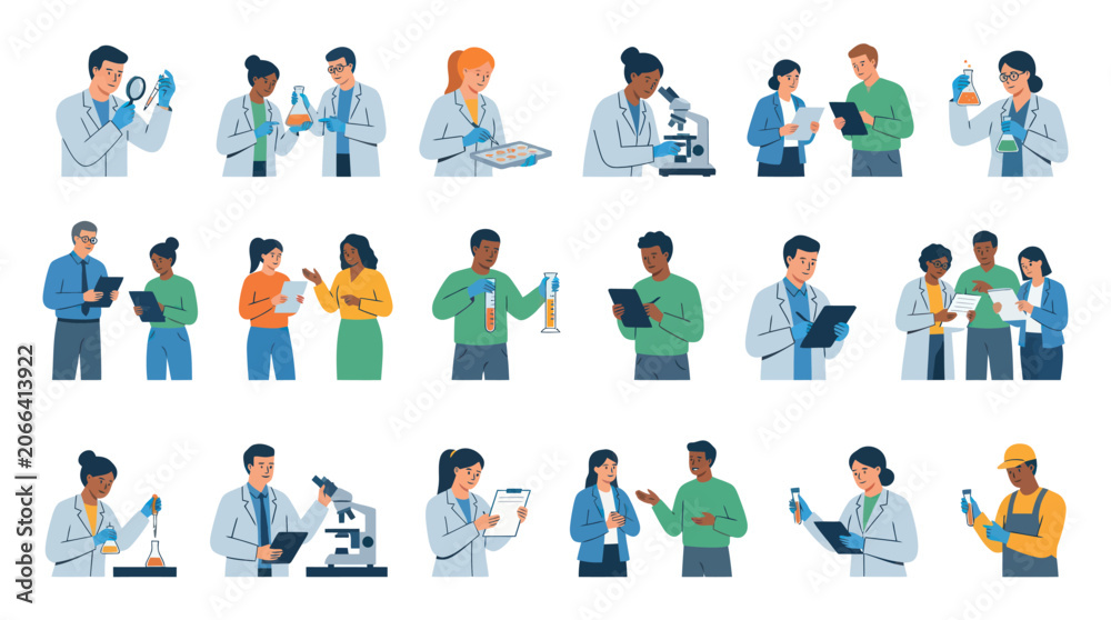 Fototapeta premium Flat Design Illustration Set: Diverse Scientists and Researchers Working in Medical and Science Laboratories