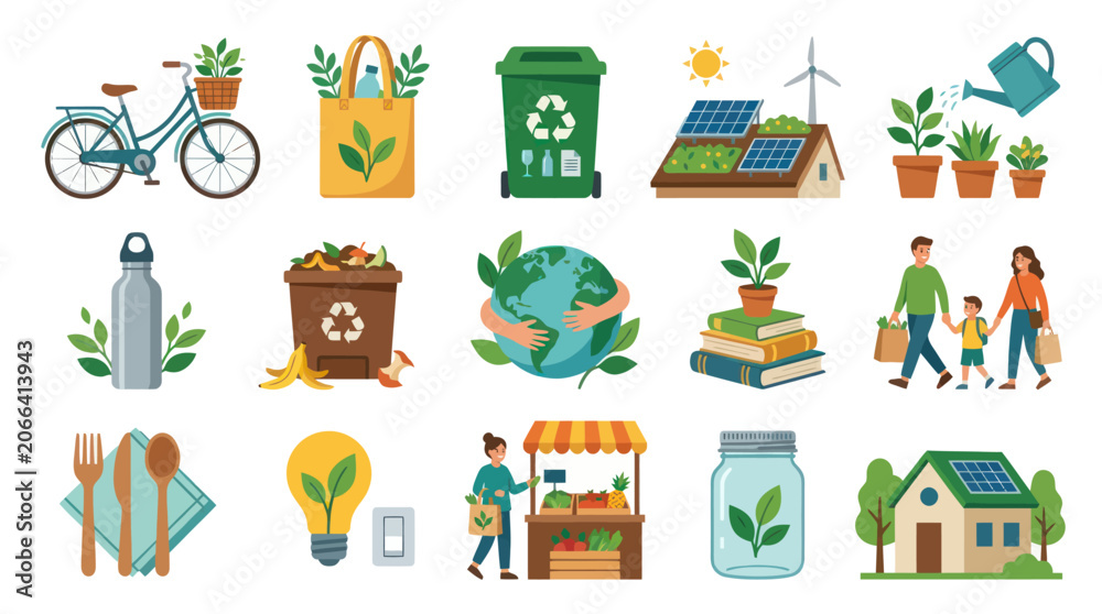 Fototapeta premium Flat Vector Illustration Set of Eco-Friendly Sustainable Living and Environmental Protection Concepts