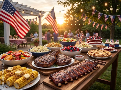 A festive outdoor 4th of july barbecue feast featuring grilled ribs, steaks, corn on the cob, salads, and a patriotic cake on a wooden table