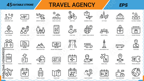 Fotografie Travel agency icons set, flight booking, hotel booking, tour package, holiday pa