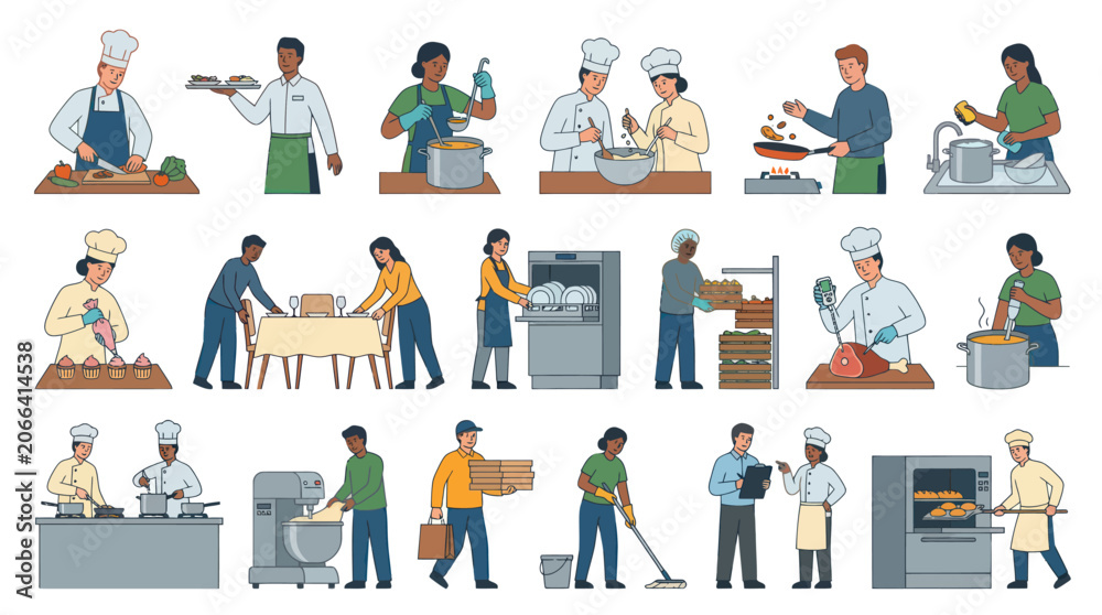 Fototapeta premium Flat Vector Illustration Set: Food Service Hospitality Industry Professionals at Work