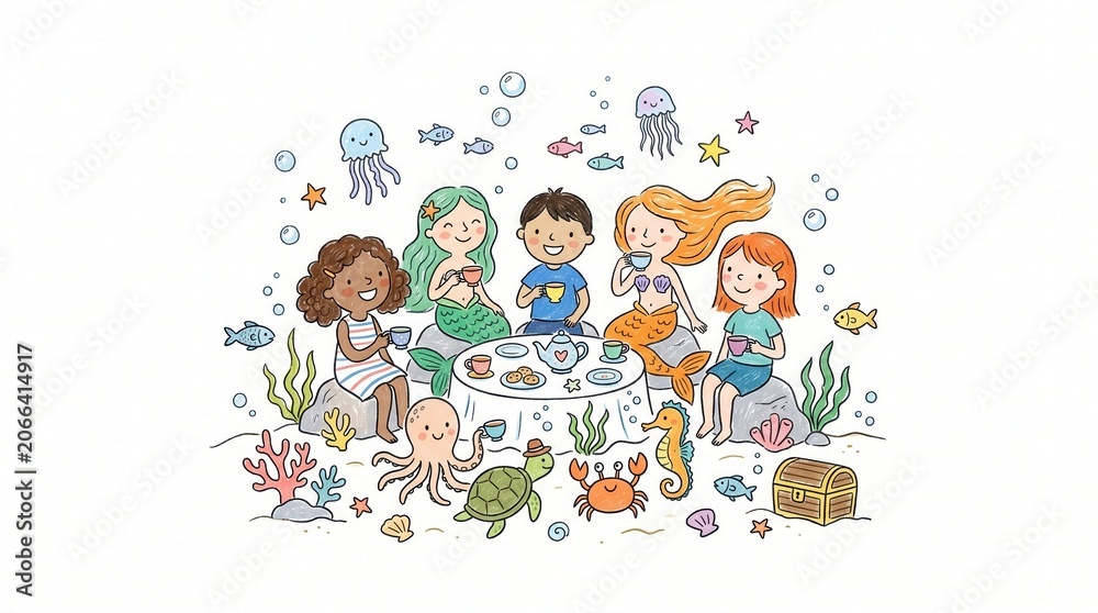 Fototapeta premium Five children and mermaids drink tea around a table with cookies on the ocean floor