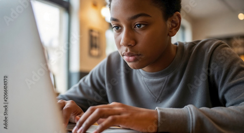 African American male teenager working on a laptop in a cafe. Focused young black student studying and typing on computer