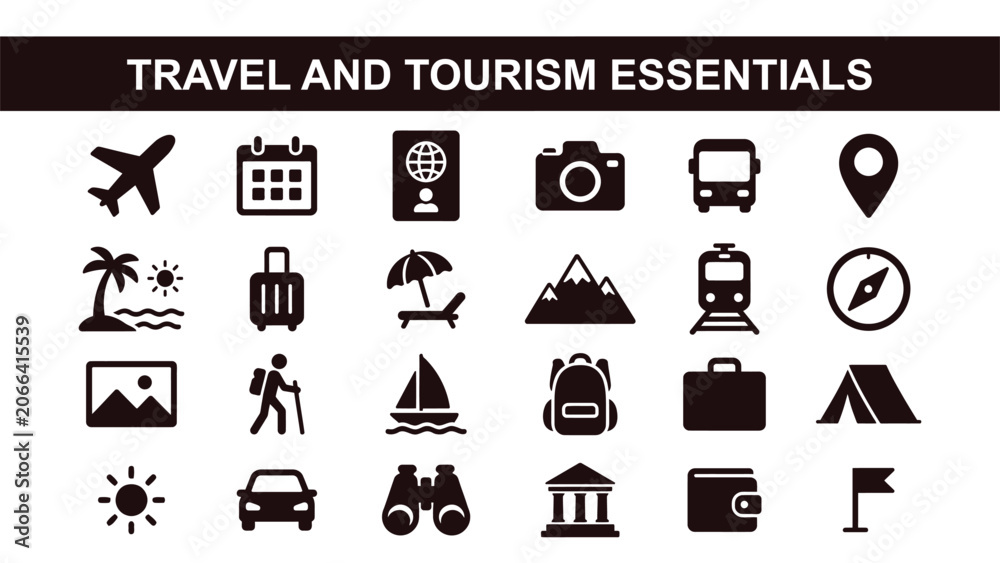 Fototapeta premium Travel And Tourism Essentials Icon Set With Transportation, Accommodation, Navigation, Adventure, And Vacation Symbols