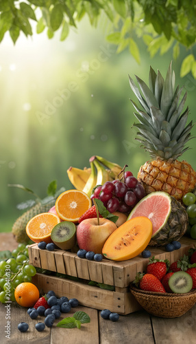 Fresh Mixed Fruits on Green Nature Background with Copy Space