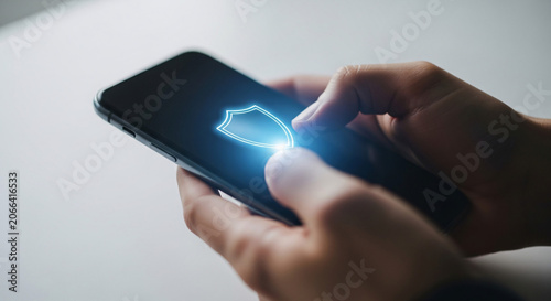 Hands Holding a Smartphone Displaying a Glowing Blue Shield Icon, Symbolizing Digital Data Protection and Cybersecurity