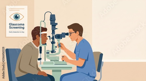 Glaucoma screening eye exam illustration with ophthalmologist using slit lamp on patient for medical brochure and healthcare website