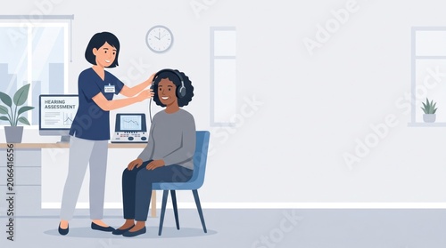 Audiologist Performing Comprehensive Hearing Test on Smiling Female Patient in Modern Audiology Clinic for Hearing Health Assessment and Diagnosis.