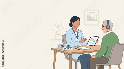 Audiologist Conducting Hearing Test for Senior Man in Modern Clinic, Illustrating Medical Consultation and Ear Health Checkup