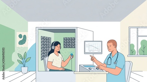 Professional Audiologist Conducting Hearing Test for Female Patient in Soundproof Booth, Monitoring Audiogram Results on Screen. Ear Health and Medical Diagnosis.