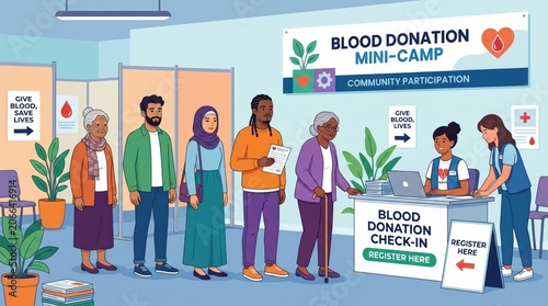 Diverse community volunteers performing a blood donation at a modern healthcare clinic, symbolizing compassion, health support, and wellbeing