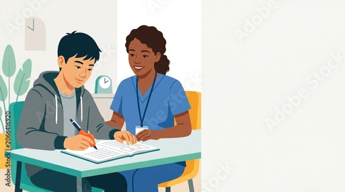 Diverse Young Asian Student Receives Personalized Tutoring from African American Woman Mentor, Fostering Educational Success and Academic Growth - Vector Illustration with Copy Space.