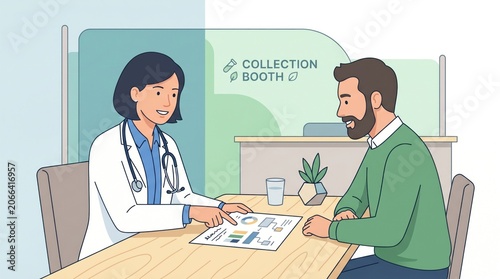 Doctor consulting patient in modern clinic while reviewing diagnostic test results and health data analysis on a tablet professional healthcare scene