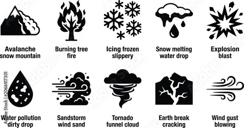Foto Set of ten vector weather hazard icons showing natural disasters and dangerous atmospheric conditions design