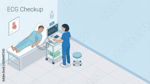 Isometric Illustration of Patient Undergoing ECG Heart Checkup with Nurse in Hospital Room, Cardiology Examination for Health Monitoring.