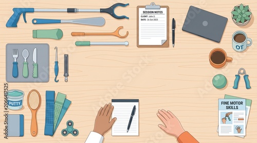 Occupational Therapy Session Flat Lay with Assistive Devices, Rehabilitation Tools, and Fine Motor Skill Exercise Equipment. Enhancing Daily Living and Recovery.