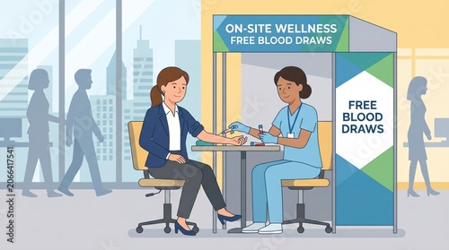 On-site Wellness Blood Draw in Modern Office: Healthcare Professional Performing Venipuncture for Workplace Health and Employee Well-being