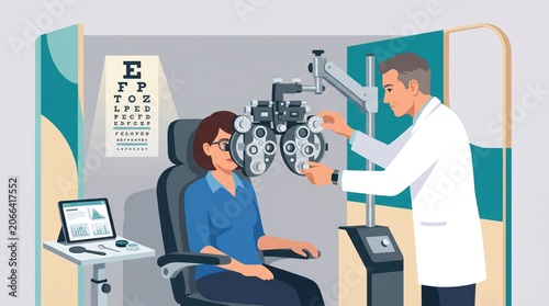 Professional Optometrist Performing Comprehensive Vision Test on Young Patient in Modern Eye Care Clinic