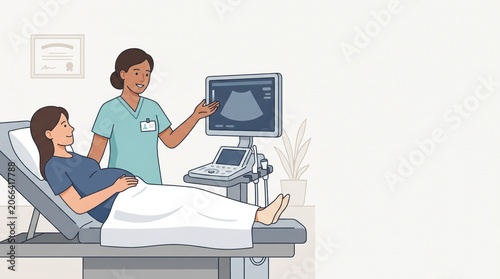 Pregnant Woman Receiving Prenatal Ultrasound Scan with Doctor in Clinic, Flat Illustration of Expectant Mother and Healthcare Professional for Pregnancy Care.