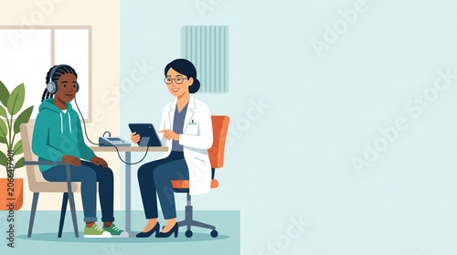 Young Person Undergoing Audiology Hearing Test with Audiologist. Professional Medical Consultation for Ear Health and Auditory Screening with Modern Equipment.