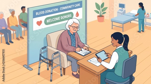 Diverse Young Volunteers Donating Blood at Community Care Center Symbol of Compassion, Health Awareness and Solidarity