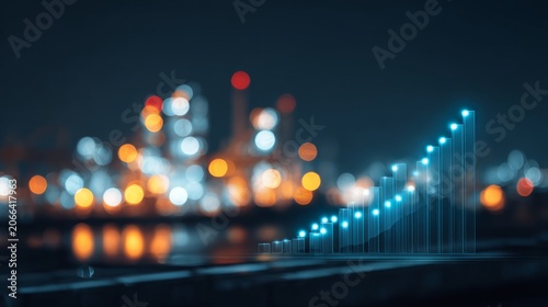 Glowing blue financial chart over blurred industrial night background for energy market forecast and investment analysis