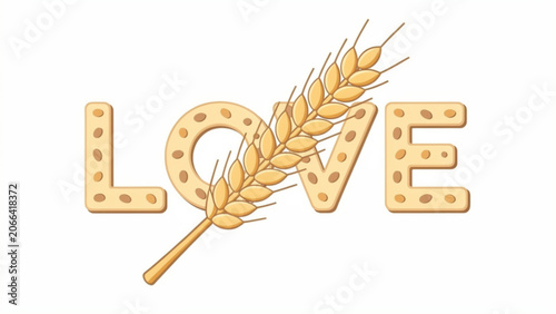 Love spelled out with cookie letters and wheat stalk in warm tones on neutral background