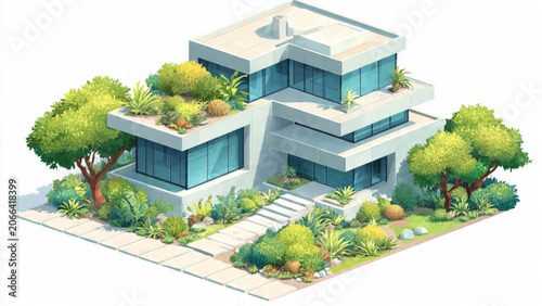Modern contemporary white building with flat roofs and lush green landscaping creating stylish residential architecture
