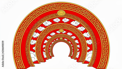 Intricate Chinese decorative circular arches with gold red and white traditional patterns