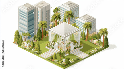Modern urban garden with gazebo surrounded by palm trees high-rise buildings lush greenery and pathways for outdoor relaxation