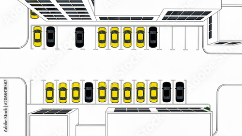 A top-down view of a busy parking lot with yellow and black cars surrounded by buildings