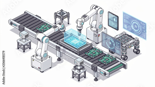 Advanced robotic manufacturing line with automation arms and digital control systems in a high-tech industrial setting