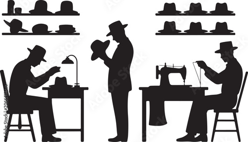 Tableau sur toile Silhouette hat makers working in a shop
