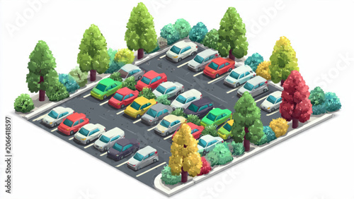 Colorful isometric parking lot with cars surrounded by trees and bushes in vibrant tones