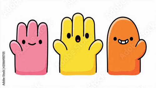 Cute Cartoon Hands Character Set with Smiling Faces in Bright Colors for Kids and Entertainment