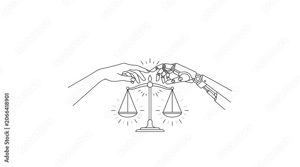 Obraz premium Two hands reach out toward a set of scales representing ethical considerations in artificial intelligence governance
