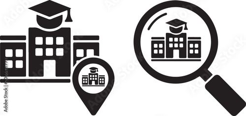 Education building icons with graduation cap and magnifying glass