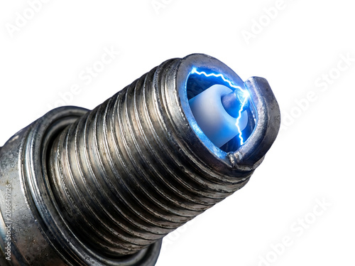 Macro view of spark plug electric arc with ignition electric automotive mechanic as clean cutout