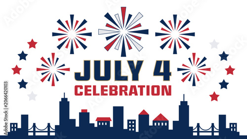 July 4 Celebration Background With City Skyline And Fireworks American Independence Day Vector Banner