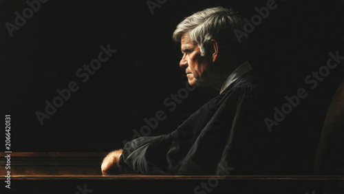 Thoughtful elderly man with gray hair sitting in contemplative mood in dimly lit environment