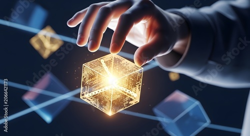 Hand interacting with a glowing golden blockchain cube, surrounded by digital blocks and network lines