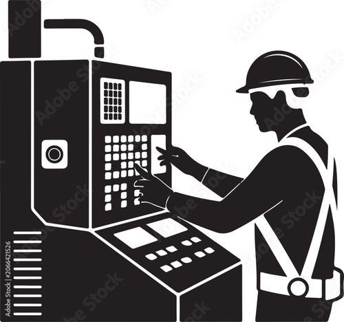 Foto Worker operating industrial cnc machine control panel