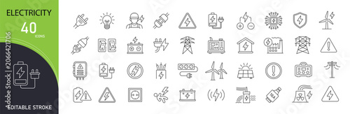 Foto Electricity icons set representing power generation, energy supply, electrical systems, voltage, circuits, charging, lighting and industrial electric infrastructure