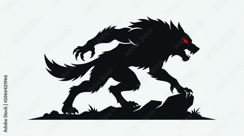 Fototapeta premium Werewolf Monster Silhouette Standing Side View with Fierce Red Eyes