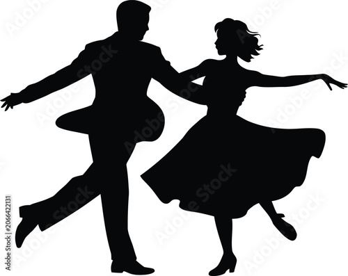 Silhouette of a Couple Dancing the Jitterbug or Swing Dance on White Background Keywords: couple, dancing, silhouette, man, woman, swing