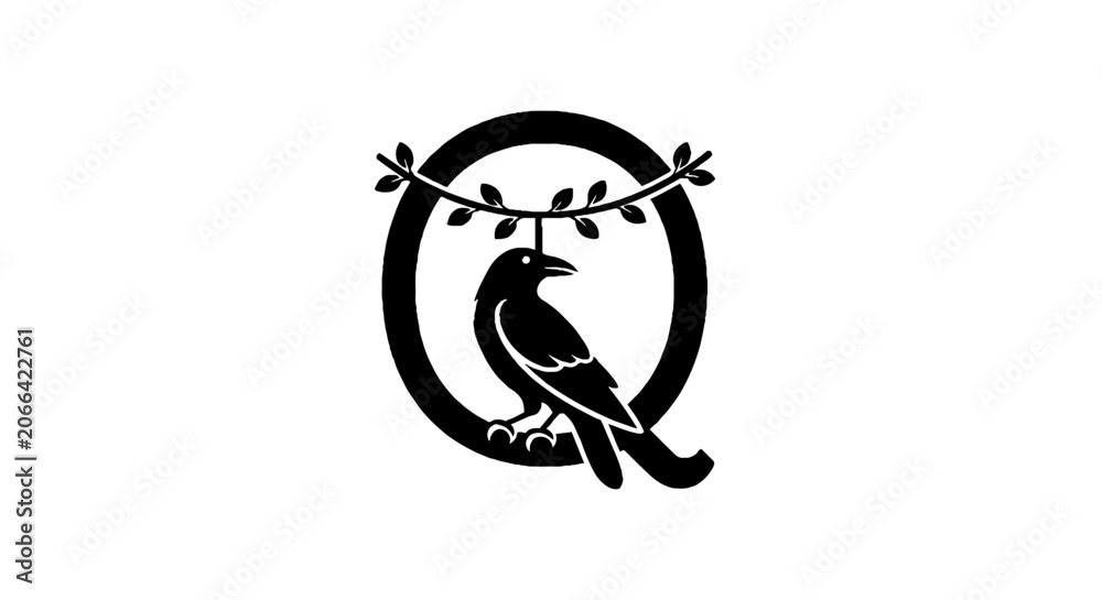 Naklejka premium Black bird perched on circular branch design.